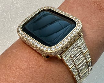 Bling Apple Watch Band Gold Stainless Steel Swarovski Crystals & or Apple Watch Cover Lab Diamond Bezel Iphone Watch Case 38mm-49mm Ultra