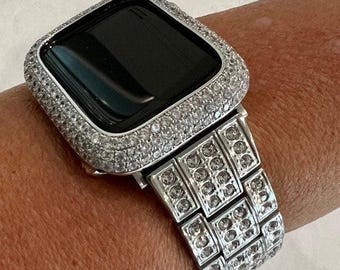 Apple Watch Band 49mm Ultra Silver Stainless Steel Swarovski Crystal & or Apple Watch Cover Lab Diamond Bezel Iphone Watch Case 38mm-49mm