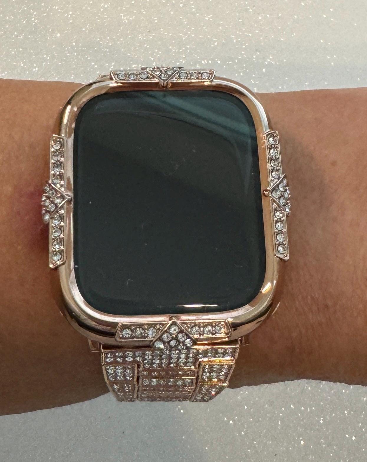 Rose Gold Apple Watch Cover Series 10 Screen Protector Women Swarovski Crystal Apple Watch Case 40mm-46mm Tempered Glass Iphone Watch Case