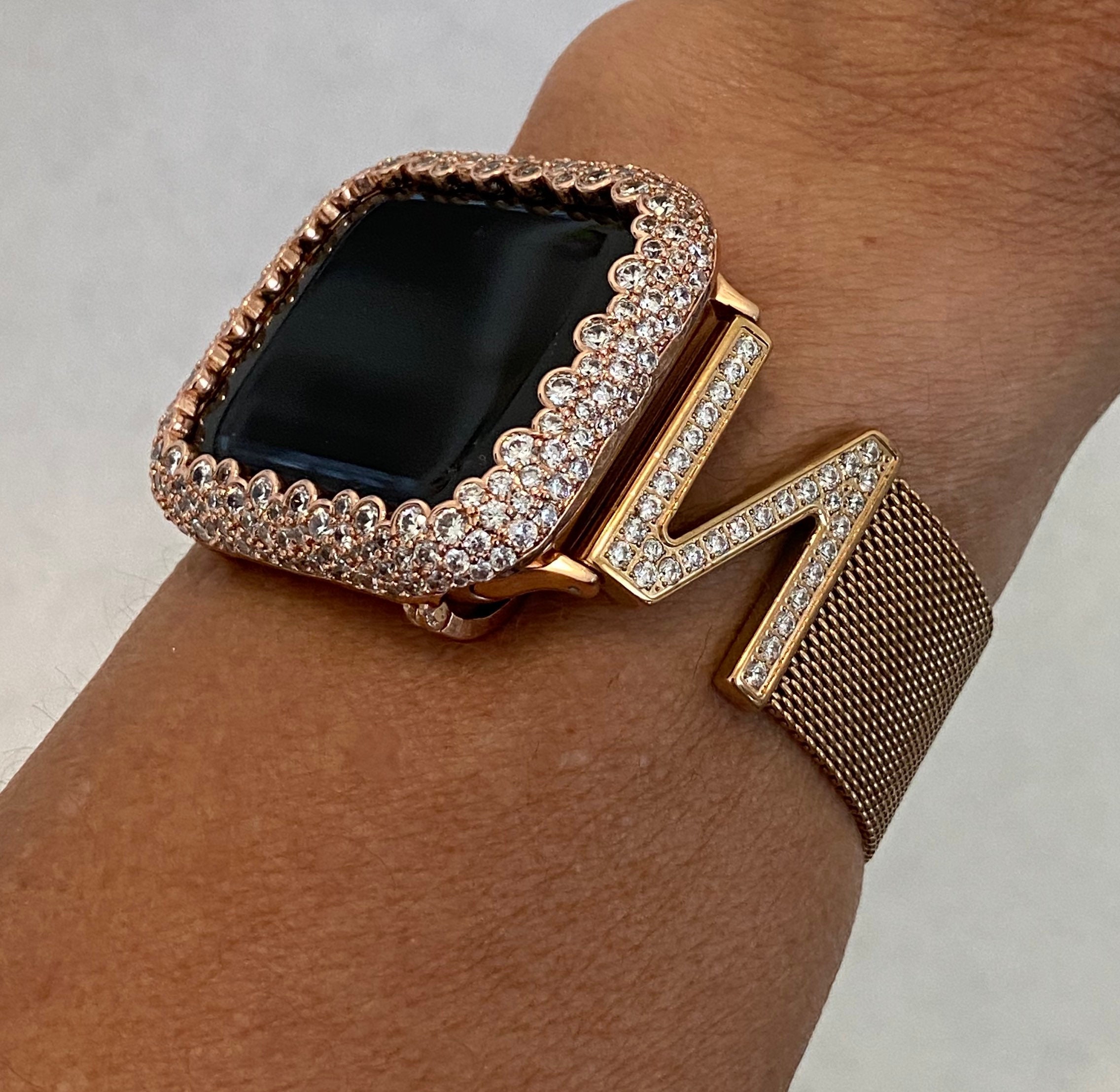 Apple Watch Band Rose Gold Milanese Loop CZ's and or Iwatch Lab Diamond Bezel Case Cover 38mm