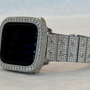 Silver Apple Watch Band 41mm 45mm 49mm Ultra Swarovski Crystal & or Apple Watch Cover Lab Diamond Bezel Bling Smartwatch 38mm 40mm 42mm 44mm