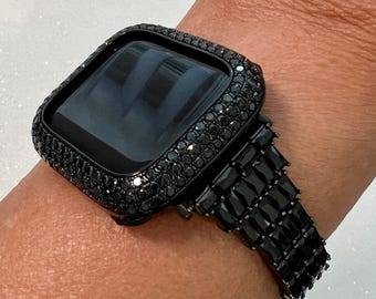Apple Watch Band Women Designer Black Swarovski Crystals 38mm-49mm & or Apple Watch Cover Black Lab Diamond Bezel Iwatch Candy Case Bling