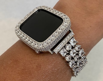 Series 2-9 Apple Watch Band Silver Swarovski Crystals & or Apple Watch Cover Lab Diamond Bezel Cover 38mm 40mm 41mm 42mm 44mm 45mm