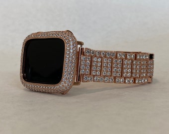 Custom Apple Watch Band Rose Gold 38 40 41 42 44 45 49mm Ultra & or Apple Watch Case Lab Diamond Bezel Cover Iwatch Candy Bling