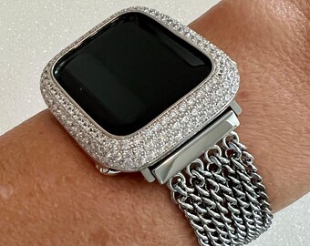 Silver Apple Watch Band Women Chain Link Bracelet 38mm-49mm Ultra, Iwatch Phone band & or Apple Watch Case Lab Diamond Bezel Cover Bling