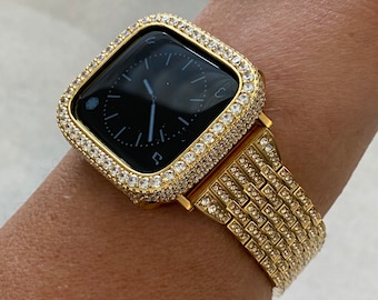 Series 9 Gold Apple Watch Band  Crystal & or Apple Watch Cover Lab Diamond Bezel Case Smartwatch Bling 38mm-49mm Ultra Gift him her