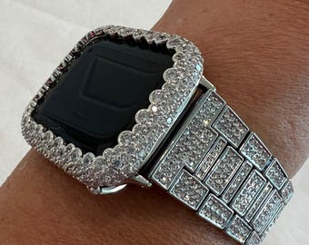 49mm Ultra White Gold Apple Watch Band Swarovski Crystals & or Silver Apple Watch Cover Lab Diamond Case Bling Series 2-10 SE 38-49mm
