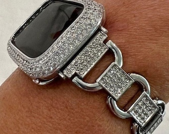 Series 10 Apple Watch Band Women Silver Link Bracelet Swarovski Crystals & or Iphone Watch Case Lab Diamond Bezel 38mm-49mm Ultra Iwatch