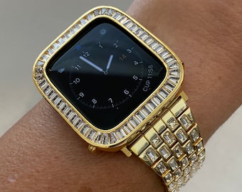 Gold Apple Watch Band Womens Swarovski Crystal Baguettes 38mm 40mm 41mm 42mm 44mm 45mm & or Apple Watch Cover Lab Diamonds Smartwatch Case
