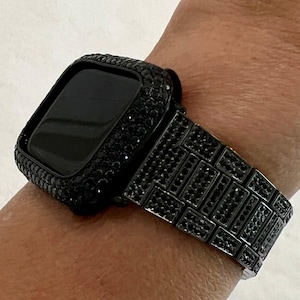 Black Apple Watch Band Mens Womens Stainless Steel Swarovski Crystal & or Apple Watch Cover Lab Diamond Bezel Protective Iphone Watch Case