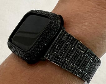 Black Apple Watch Band Mens Womens Stainless Steel Swarovski Crystal & or Apple Watch Cover Lab Diamond Bezel Protective Iphone Watch Case