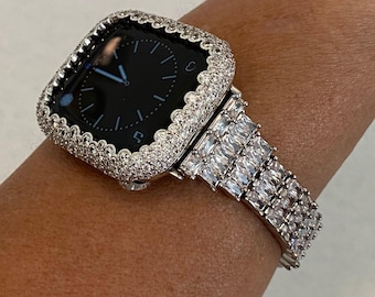 Iphone Silver Apple Watch Band Womens  Crystal Baguettes & or Apple Watch Case Lab Diamond Bezel, Iphone Watch Cover Iwatch Candy Bling