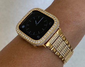 Series 1-8 Apple Watch Band Gold 41mm 45mm 49mm Ultra & or Lab Diamond Bezel Case Cover 38 40 42 44mm for Smartwatch Bumper Bling