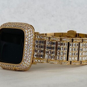 Designer Gold Apple Watch Band 49mm Ultra Mens Crystal & or Apple Watch Case Lab Diamond Bezel Apple Watch Cover 38mm-45mm image 6