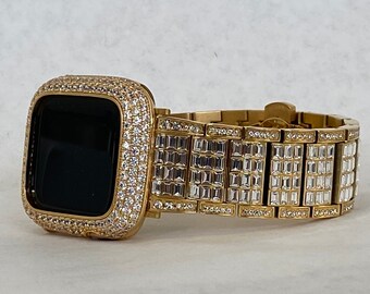 Designer Apple Watch Band Gold Series Rolex Style 38mm-45mm & or Smartwatch Lab Diamond Bezel Cover Smartwatch Bumper Bling