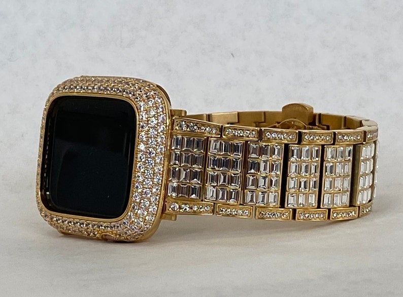 Designer Gold Apple Watch Band 49mm Ultra Mens Crystal & or Apple Watch Case Lab Diamond Bezel Apple Watch Cover 38mm-45mm image 6