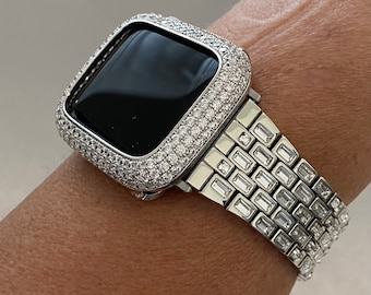 Silver Apple Watch Band Swarovski Crystal Baguettes & or Apple Watch Cover Lab Diamond Bezel Case Smartwatch Bumper 38mm-49mm Ultra