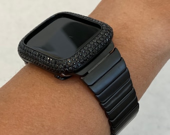 Black Apple Watch Band 49mm Ultra Mens Stainless Steel & or Apple Watch Cover Lab Diamond Bezel Case Bling 42mm 44mm 45mm