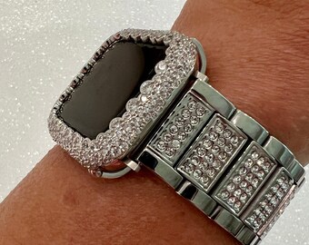 Designer Apple Watch Band Women Swarovski Crystal Stainless Steel & or Apple Watch Cover Lab Diamond Bezel Iwatch Case 38mm-49mm Series 10