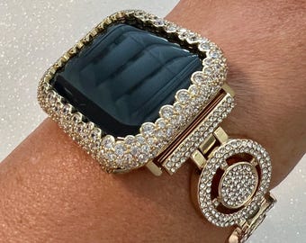 Apple Watch Band Womens Yellow Gold Swarovski Crystal Pave 38-49mm & or Apple Watch Cover Lab Diamond Bezel Iwatch Candy Bling Series 10
