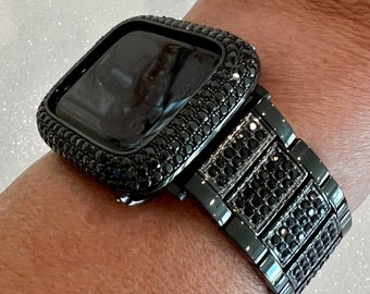 Apple Watch Band Black on Black 38mm 40mm 41mm 42mm 44mm 45mm 49mm Ultra  Crystals & or Apple Watch Cover Lab Diamond Bezel Case