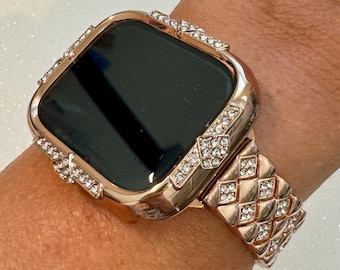 Rose Gold Apple Watch Band Womens Swarovski Crystal Bracelet Minimalist & or Apple Watch Case Iphone Watch Cover 40-46mm Series 10