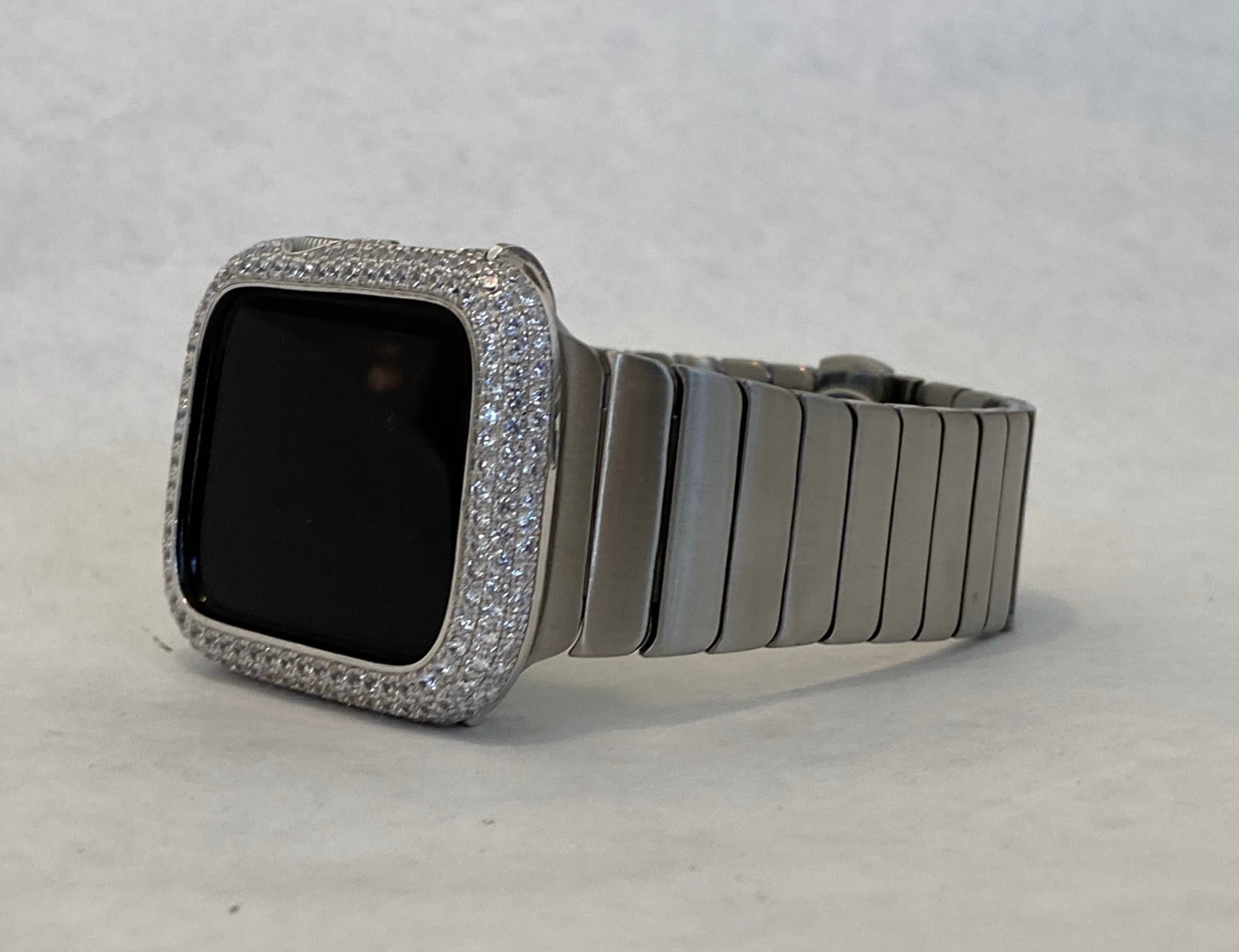 Mens Apple Watch Band Silver 42mm 44mm Stainless Steel and or Lab Diamond Bezel Iwatch Bling