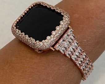 Rose Gold Apple Watch Band Baguette Swarovski Crystals & or Apple Watch Cover Lab Diamond Bezel Case 38mm-49mm Ultra Series 10 Iwatch Candy
