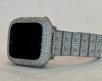 Silver Apple Watch Band  Crystal 38 40 42 44 45 49mm Ultra & or Apple Watch Cover Lab Diamond Bezel Case Iwatch Candy Bling