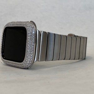 Mens Apple Watch Band Silver 42mm 44mm 45mmn 46mm 49mm Ultra Stainless Steel & or Apple Watch Cover Lab Diamond Bezel Iwatch Bling Series 10