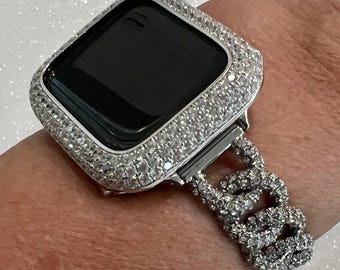 Apple Watch Band Women Pave Swarovski Crystal Silver Chain Style & or Apple Watch Cover Smartwatch Bumper Iwatch Candy Bling 38mm-49mm Ultra
