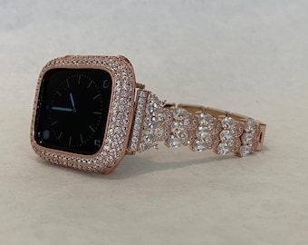 Apple Watch Band Women Rose Gold Swarovski Crystal Bracelet & or Apple Watch Cover Lab Diamond Bezel Iphone Watch Cover 38-49mm Gift for her