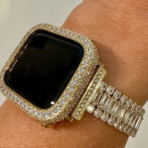 Apple Watch Band Womens Swarovski Crystals 14k Yellow Gold PL & or Apple Watch Case Lab Diamond Bezel for Iphone Watch Cover Iwatch Candy