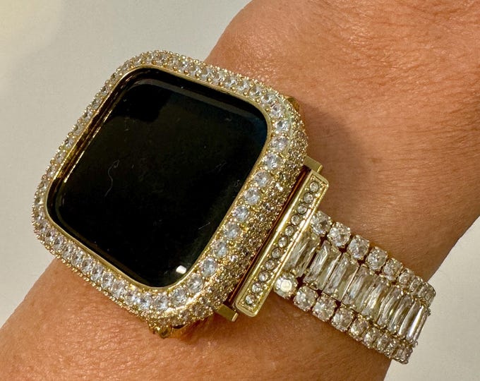 Featured listing image: Apple Watch Band Womens High End Crystals 14k Yellow Gold PL & or Protective Iphone Case Lab Diamond Bezel