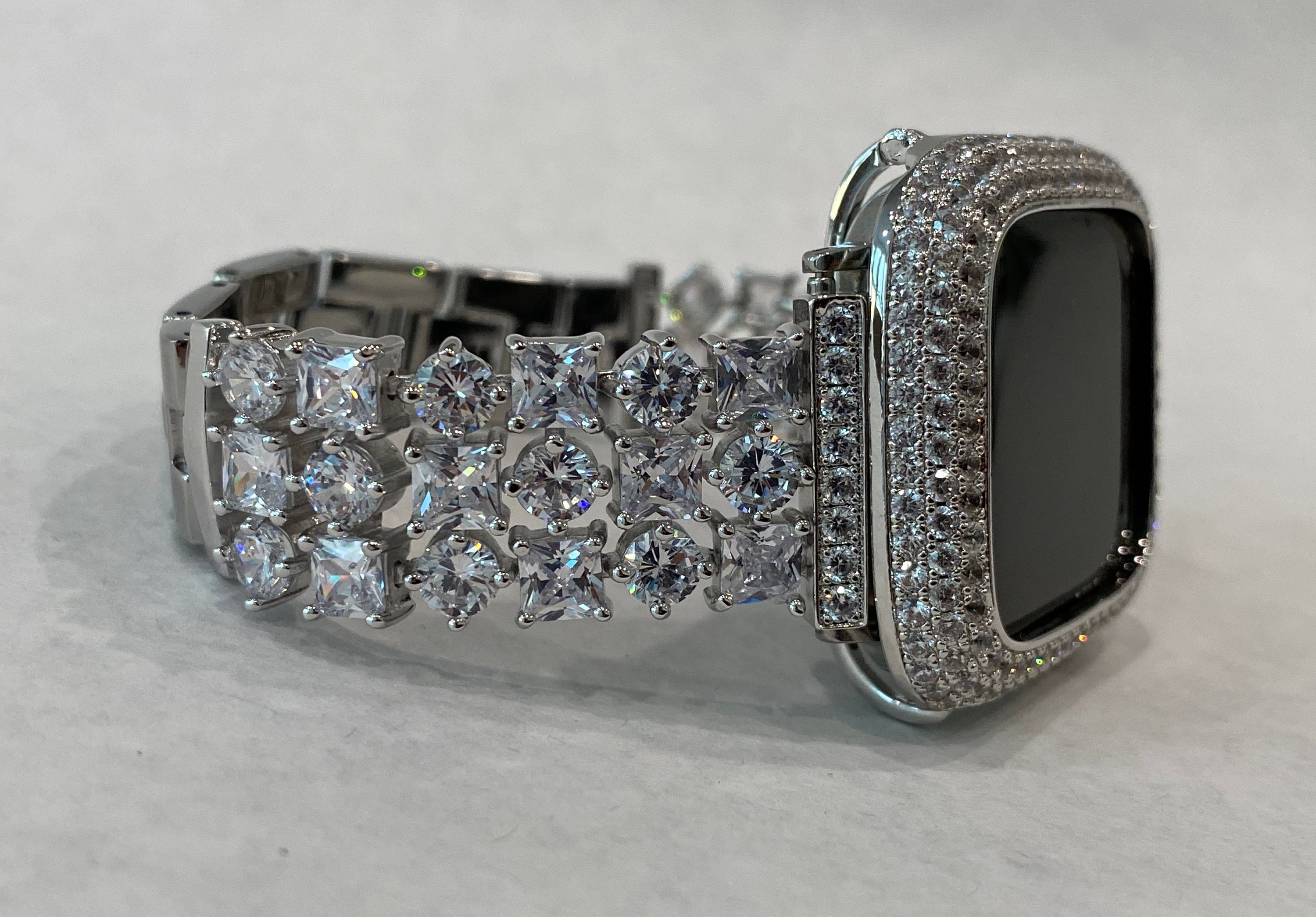 Custom Apple Watch Band Women Silver and or Apple Watch Cover Bezel Lab Diamond Bling 38mm 40mm 42mm 44mm 41mm 45mm 49mm Ultra Custom Apple Watch Band Women Silver And Or Apple Watch Cover Bezel Lab Diamond Bling 38Mm 40Mm 42Mm 44Mm 41Mm 45Mm 49Mm Ultra