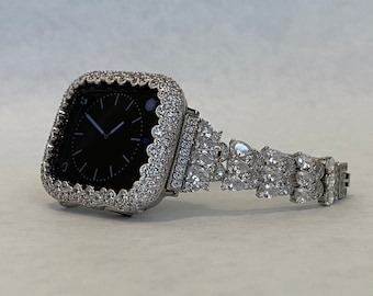 White Gold Apple Watch Band 41mm Women Silver Swarovski Crystals & or Apple Watch Cover Lab Diamond Bezel Apple Watch Case 38mm - 49mm Ultra