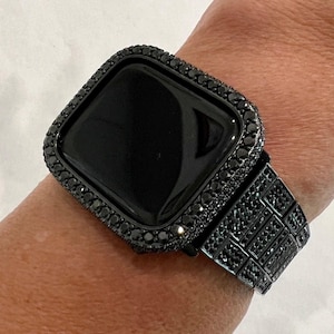 Black Apple Watch Band Stainless Steel Pave Swarovski Crystals & or Apple Watch Cover Lab Diamond Bezel Iphone Watch Case Bling 38mm-49mm