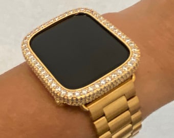 Custom Apple Watch Band Gold Stainless 38mm 40mm 41mm 42mm 44mm 45mm 46mm 49mm Ultra & or Iced Out Lab Diamond Bezel Cover Gift for Him