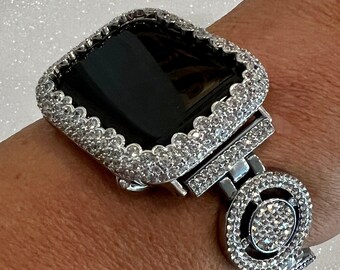 Apple Watch Band Womens Bracelet Silver Swarovski Crystals & or Apple Watch Cover Lab Diamond Bezel for Iphone Watch 38mm-49mm Ultra Bling