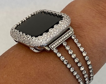 Silver Apple Watch Band Women Bracelet  Crystal & or Apple Watch Case Lab Diamond Bezel Apple Watch Cover Bumper Iwatch Candy Bling