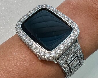 Apple Watch Band Women Silver Stainless Steel Swarovski Crystal & or Apple Watch Cover 3.5mm Lab Diamond Bezel Iwatch Case Iwatch Candy