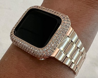 Series 10 Apple Watch Band Rose Gold Stainless Steel Ultra Thin & or Apple Watch Cover Lab Diamond Bezel Case Bling Iwatch Candy 38mm-45mm