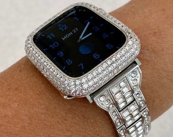 Apple Watch Band Silver  Crystals 41mm 45mm 49mm Ultra & or Apple Watch Cover Lab Diamond Bezel Case Cover Smartwatch Bumper Bling