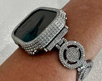 Ultra Apple Watch Band 49mm Silver Pave Swarovski Crystals & or Apple Watch Cover Protective Iphone Watch Case Crystal Iwatch Case Bling