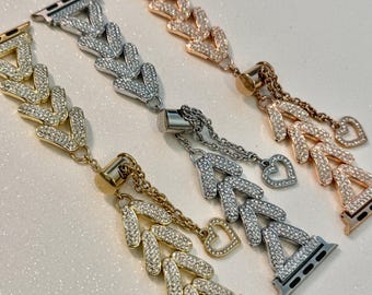 Series 10 Apple Watch Band Swarovski Crystal Silver, Rose Gold, Yellow Gold Choices 38mm-49mm Iphone Watch Band Valentine Heart Gift for Her