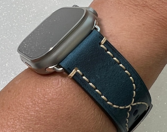 Series 10 Apple Watch Band Leather Blue with Bold Stitches for 42mm 46mm 49mm Ultra Iwatch Band 44mm 45mm Luxury Apple Watch Straps