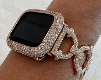 Series 10 Apple Watch Band Rose Gold Swarovski Crystals & or Apple Watch Case Pave Lab Diamond Bezel Iwatch Cover 38mm-49mm Ultra