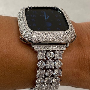 Custom Apple Watch Band 44mm Woman Silver and or Apple Watch Cover Lab Diamond Bezel Bling 38mm-49mm Ultra Iwatch Candy Series 1-9