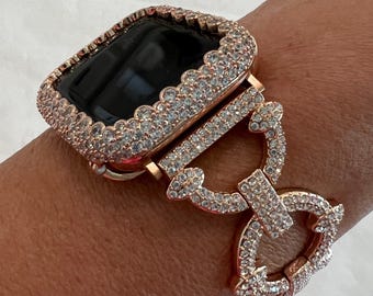 Pave Link Apple Watch Band Women Rose Gold Swarovski Crystals & or Apple Watch Cover Lab Diamond Bezel Iwatch Case 38mm-49mm Ultra Series 10