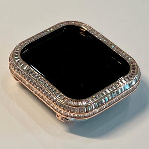 Rose Gold Apple Watch Cover 3 Rows Baguette Lab Diamond Bezel Protective Iphone Watch Case 40mm 41mm 44mm 45mm Iwatch Candy Bling Bumper
